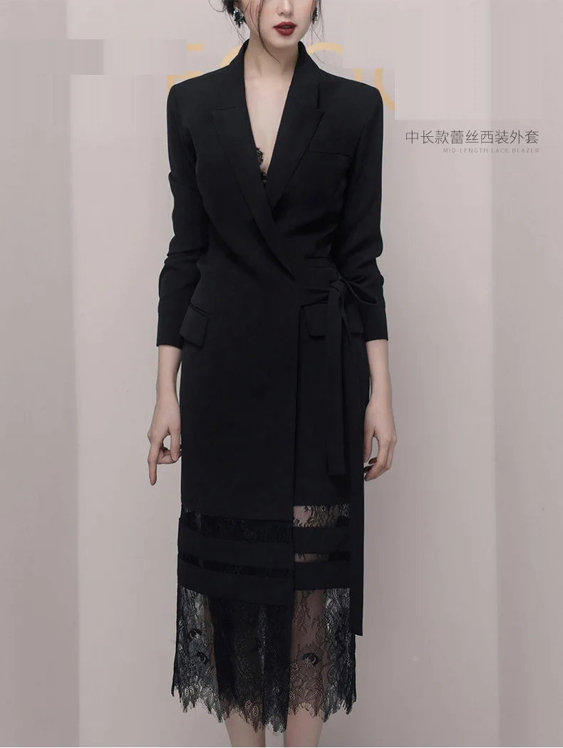 

2018 Autumn New Style CHIC Black And White with Pattern Debutante Fake Two-Piece Casual Fashion Lace Mid-length Suit Jacket Wome