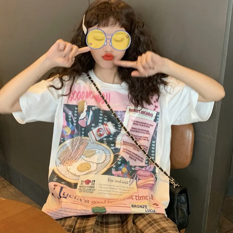 

Summer Female Fashion Harajuku Large Size Omelette Japanese Print Fun Short-Sleeved T-Shirt Tops Tees New Wave O-Neck T-Shirt