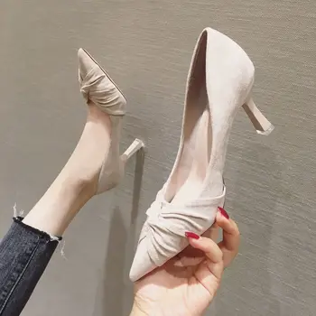 

High Heels Pointed Toe Slip Om Anti Skid Lace-up 2020 Velvet Shoes Women Branded Pumps Sandals Ladies Shallow Mouth Women's
