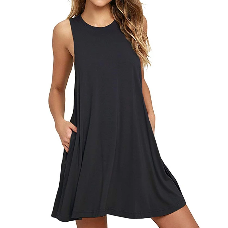 

Summer Dress Sleeveless Loose Cute Dresses Pocket Mini Dress Plus Size Vest Vestido Sexy Solid Color Tank Dresses