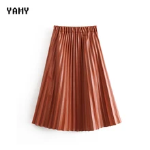 Женская плиссированная юбка из искусственной кожи с высокой талией, Повседневная Коричневая юбка миди zora faldas, женская зимняя одежда, уличная одежда