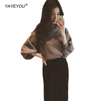 

YAYEYOU new solid color loose fitting turtleneck sweater with a semi turtleneck puffed sleeve underlay