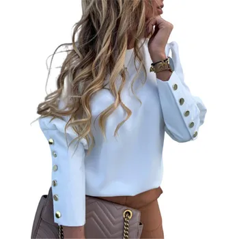 

Women Elegant Slim Fit T-Shirt Casual Business Career Suit T-Shirt Femm Metallic Buttons Long Sleeve Tshirt Lady Clothes Outwear