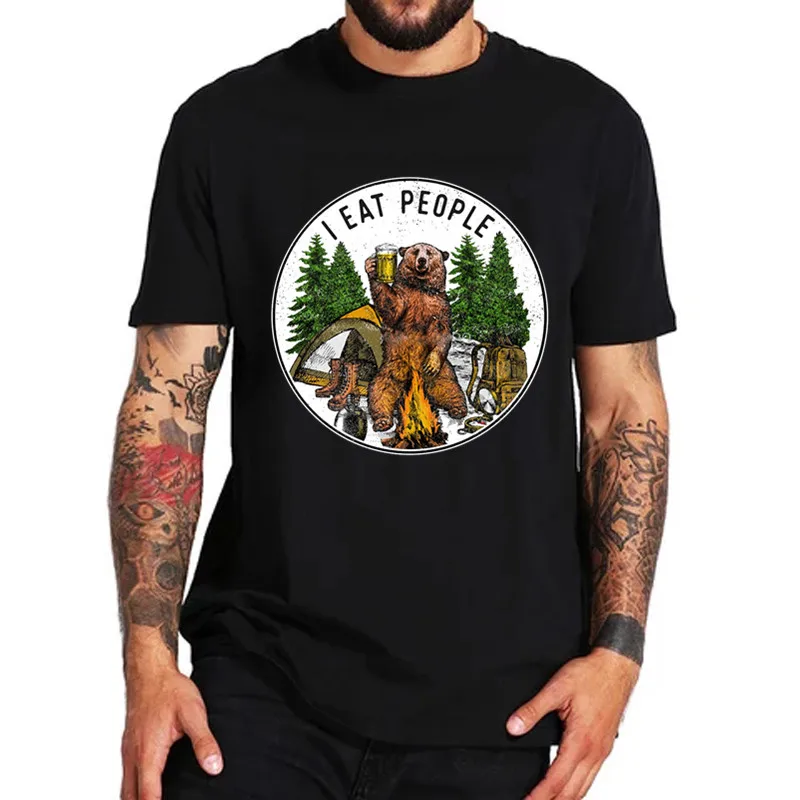 2019 New Camping Bear I Eat People Vintage Men's Black T Shirts Cotton S-3XL US SupplierCartoon t shirts men Unisex Fashion | Мужская