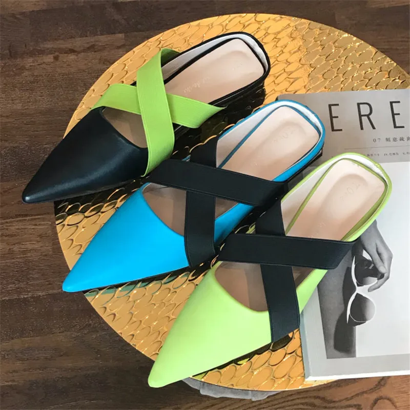 

Pointed Toe Women Flats Slip On Loafers Crossed Band Autumn Causal Shoes Fashion Mules 35-38 Green Blue Black