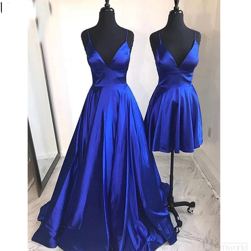 Simple A Line Spaghetti Straps Royal Blue Long Party Prom Dress 2019 V-Neck Satin Homecoming Dresses vestido de festa