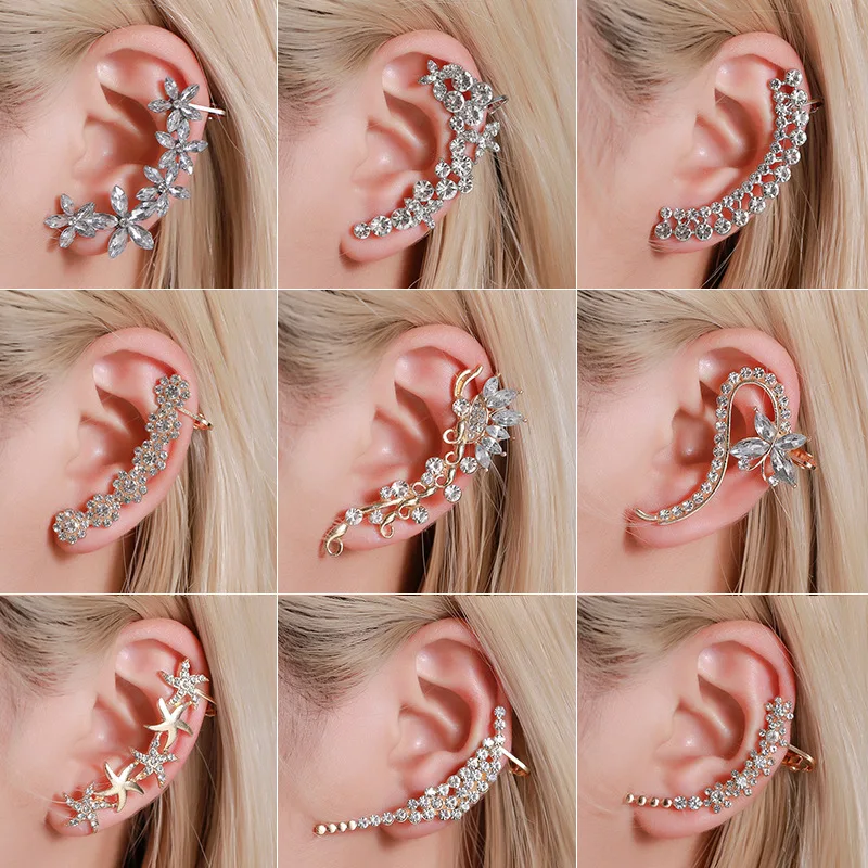 Bohemian Style Nonpiercing Crystal Rhinestone Ear Cuff Clipon Earrings Trendy Womens Fashion Jewelry - 1