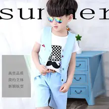 Детская одежда для мальчиков, комплект с жилетом, г. Летние детские хлопковые льняные шорты жилет в Корейском стиле маленький костюм комплект из двух предметов Y033