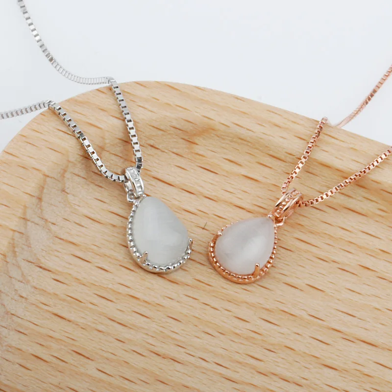 

Non-mainstream Elegant S925 Fine Silver Synthetic Opal Pendant Necklace Women's Water Droplet Choker Normcore Style Necklace Sil