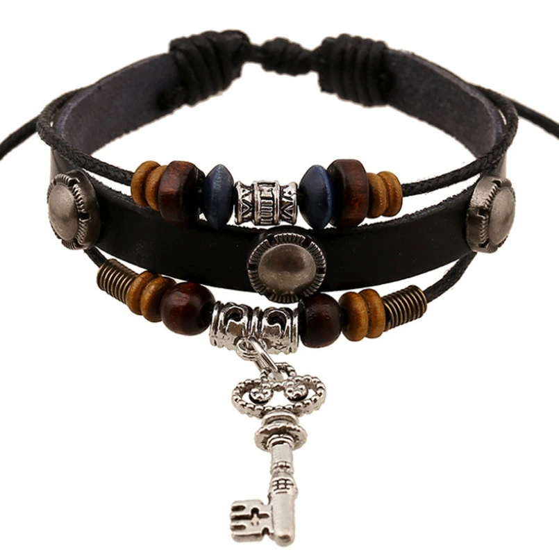 Vintage Key Beads Charm Leather Cuff Bracelet Wax Cords Multilayer