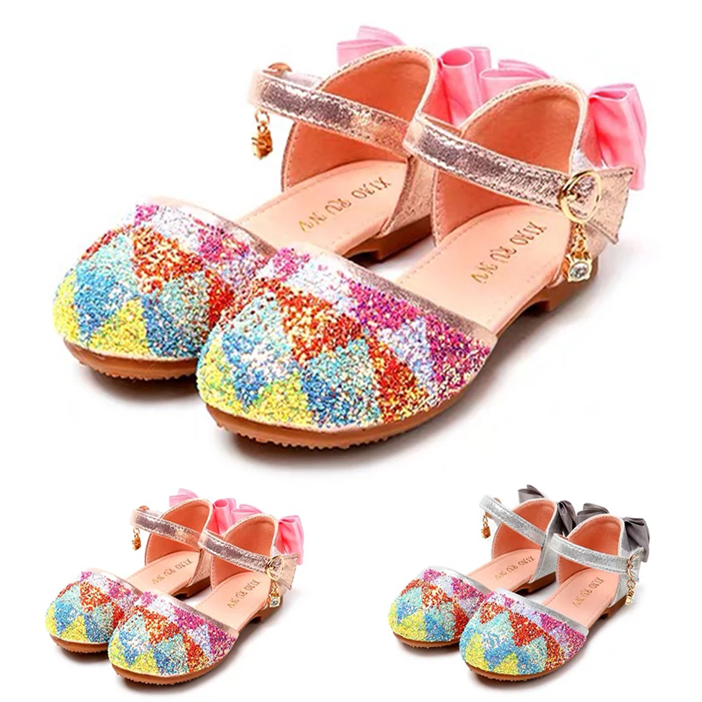 

Kids Girls Glitter Rainbow Sequins Bownot Princess Sandals Children Spring Summer Geometric Party Dress Wedding Dance Shoes D30