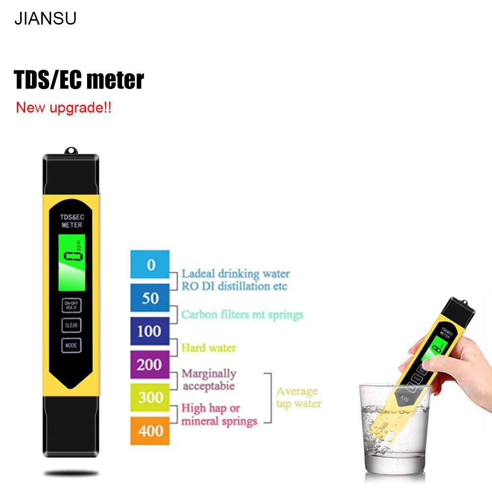Портативный ЖК Цифровой TDS/EC измеритель JIANSU 0 01 + TDS EC Тестер ручка Чистота воды PPM