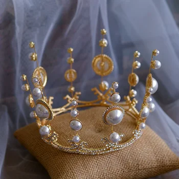 

Stunning European Pearls Brides Round Crowns Headpieces Bridal Tiaras Headbands Wedding Hair Accessory Prom Headdress