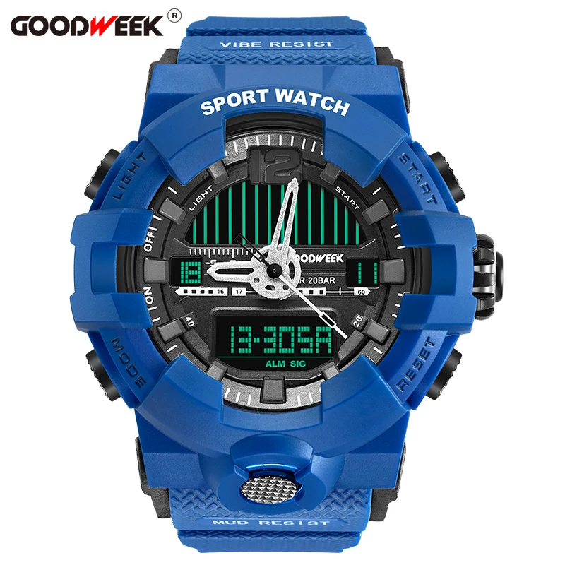 GOODWEEK мужские спортивные часы водонепроницаемые военные часы с двойным дисплеем мужские часы аналогово-цифровые кварцевые наручные часы - Цвет: blue