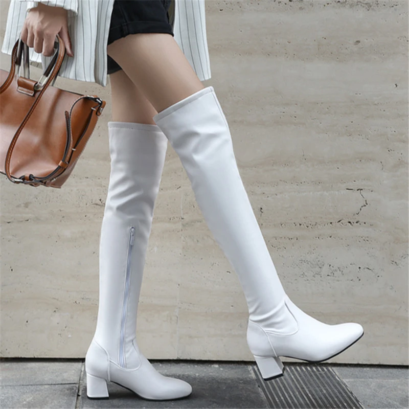 Botas hasta la rodilla para mujer, botines largos con cuadrada y cremallera, blanco y negro, otoño e invierno, 2019|Botas sobre la rodilla| - AliExpress