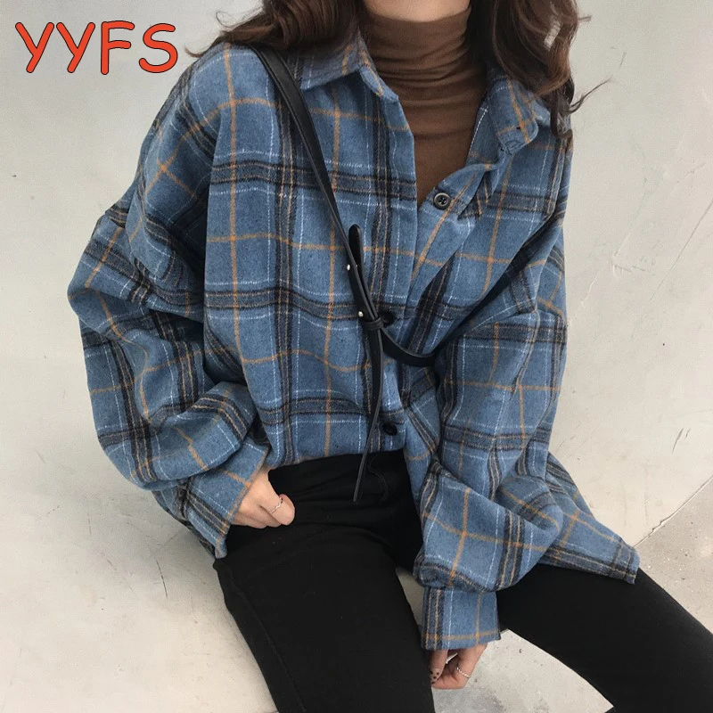 Plaid oversized Blouses Woolen Shirts 