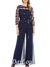 Pantsuit / Jumpsuit Mother of the Bride Dress Plus Size Jewel Neck Floor Length Chiffon with Sash / Ribbon Bow(s) Beading 2021