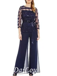 Pantsuit / Jumpsuit Mother of the Bride Dress Plus Size Jewel Neck Floor Length Chiffon with Sash / Ribbon Bow(s) Beading 2021