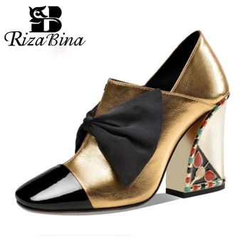 

RIZABINA Real Leather Women Pumps Wedges Patchwork Shoes Women Bowknot Pattern Mixed Color Casual Work Footwear Size 33-43