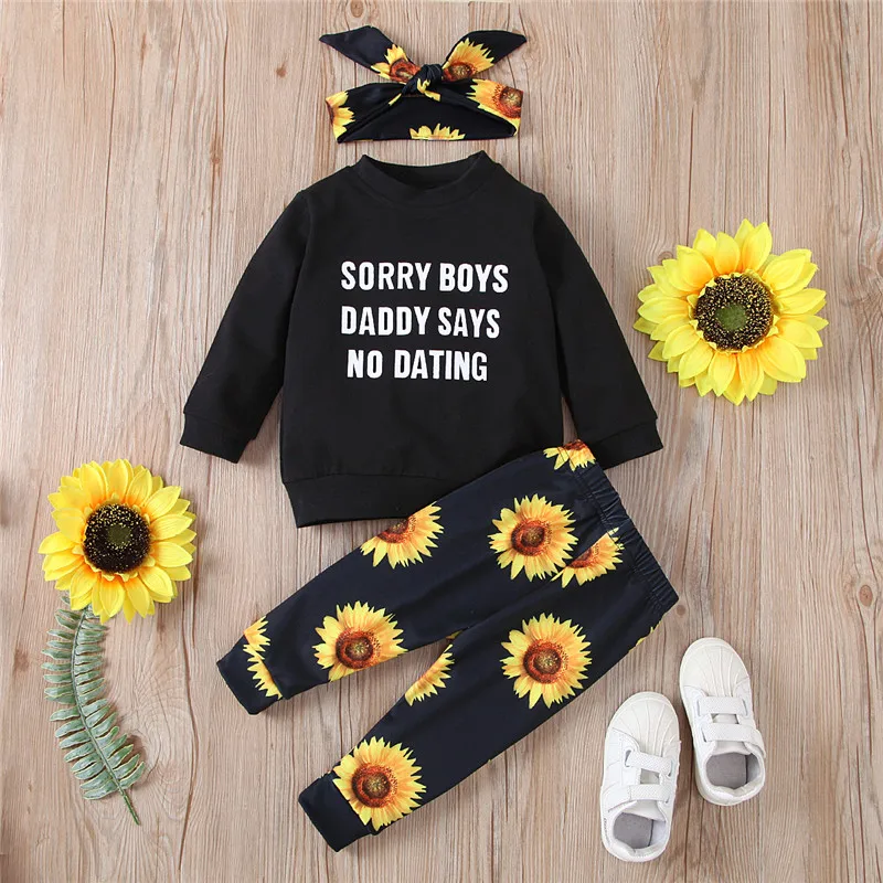 

2020 Baby Letter Print Tshirt Pant Bow Headband Sunflower Print Newborn Set Loose Spring Autumn Fall Infant Clothing