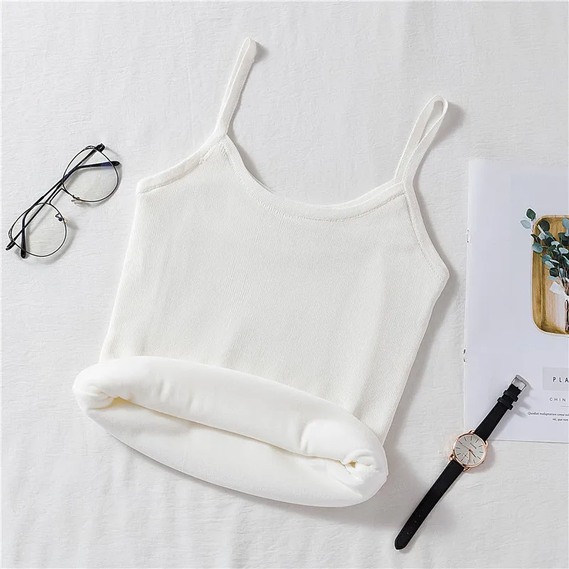 White Camis Бархатные трикотажные женские Топики, утолщенные, Осень-зима, теплый топ с лямкой через шею, женские топы в полоску, эластичные топики без рукавов синего цвета - Цвет: White Camis