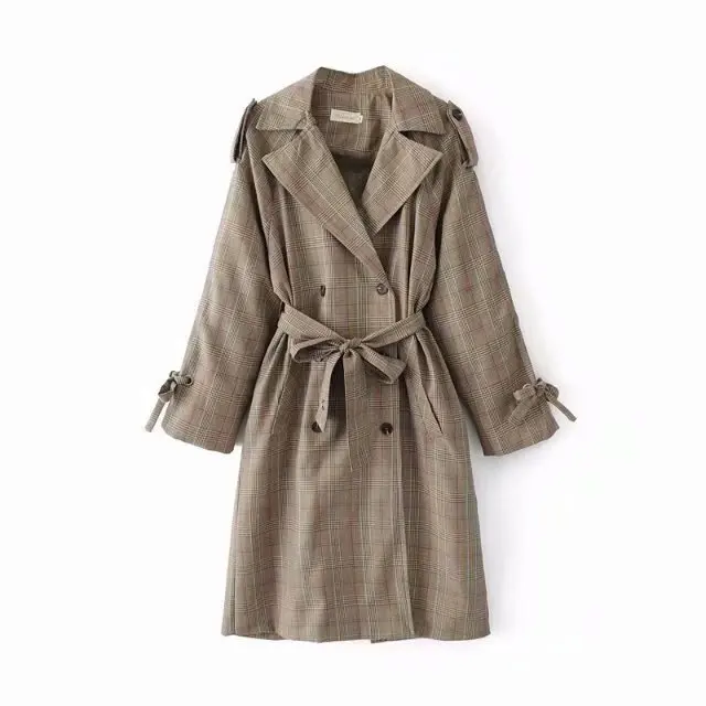 

Autumn And Winter New Style Korean-style Loose Retro Plaid Fold-down Collar Double Breasted Cuff with Strap Mid-length WOMEN'S W