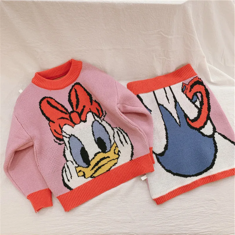 Thunderers/комплект вязаной одежды для маленьких девочек; Детский комплект из 2 предметов с изображением утки; свитер; топы с юбкой; зимний костюм для маленьких девочек