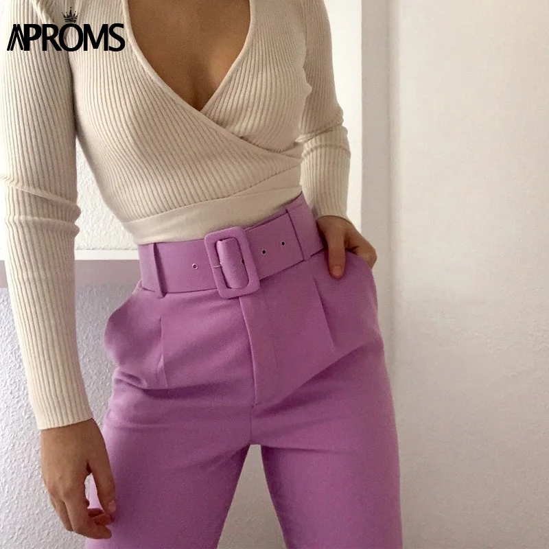 

Aproms Elegant Candy Color High Waist Pants Women Skinny Pencil Trousers Office Lady Casual Pocket Sash Ankle-Length Bottom 2020