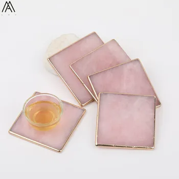 

3PCS Approx 83-90mm Plated Gold Edges Natural Pink Quartz Square Shape Coaster Teacup Tray Gem Stone Home Decorative CX-10AMBH
