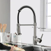 Brass Black Kitchen Faucet Pull Out 360 Degree Swivel Spring Single Handle Hole Hot Cold Mixer Water Tap With 2 Water Intel Pipe