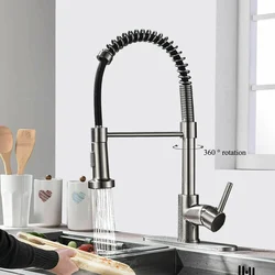Brass Black Kitchen Faucet Pull Out 360 Degree Swivel Spring Single Handle Hole Hot Cold Mixer Water Tap With 2 Water Intel Pipe