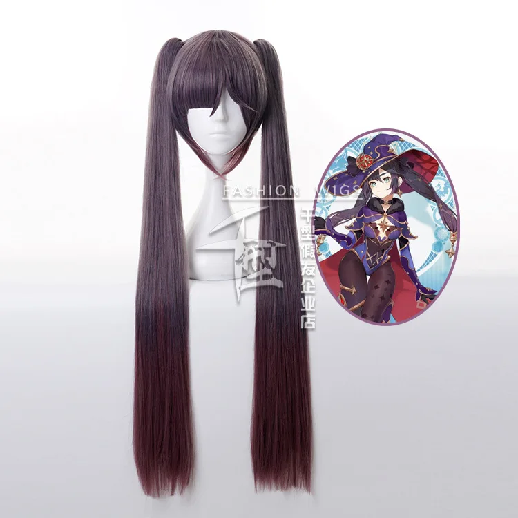 

Game Genshin Impact Mona Cosplay Double Ponytail Dark Purple Wig Anime Costumes Earrings Hair Accessories Necklace Free Wig Cap