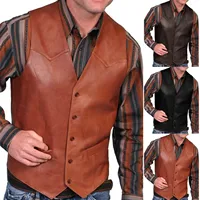 Men's Vest Retro V-neck Solid Color Pocket With Button Leather Vest For Male Casual Business Wear Tops Autumn Men v-neck Vest - Image 5