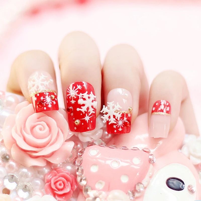 Искусственные накладные ногти, рождественские, красные, французские накладные ногти, 3D акрил, снег для леди, маникюрный материал, 24 шт. Z010