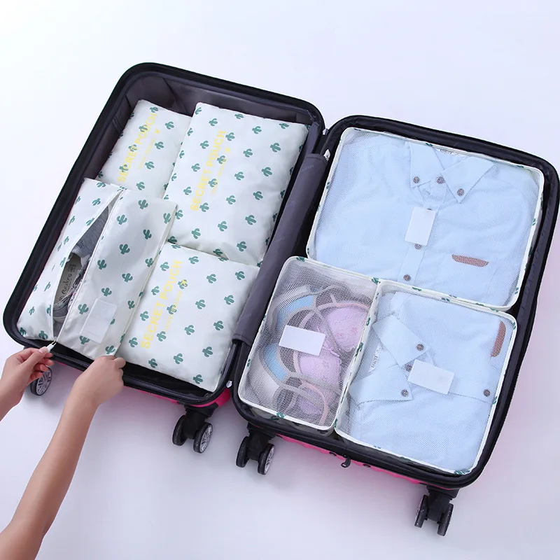 Hot Fashion Travel Waterproof Clothes Storage bags Luggage Pouch Packing Cube Solid Portable Organizer 7 pcs/set - Цвет: cactus