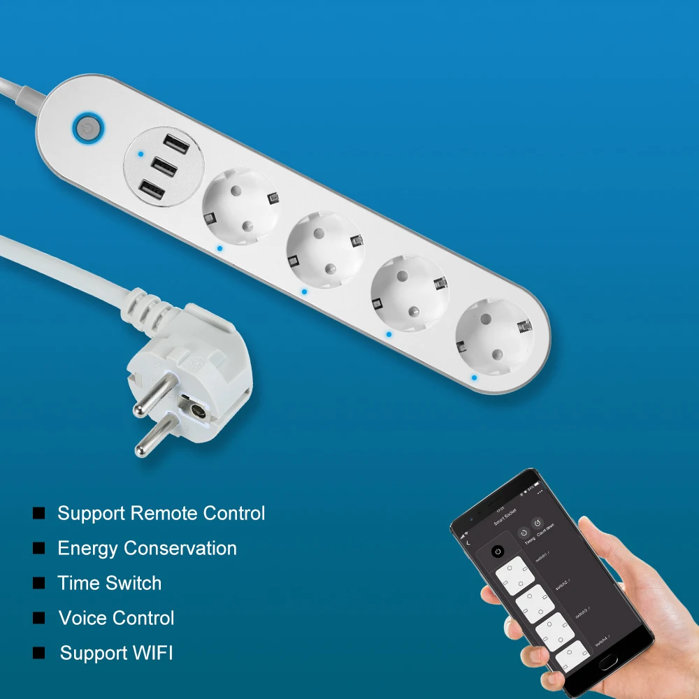 

WiFi Smart Power Strip Socket Multi-Plug Timer Switch Power Strip Outlet with 4 AC Outlets 3 USB Port Free App Remote Control