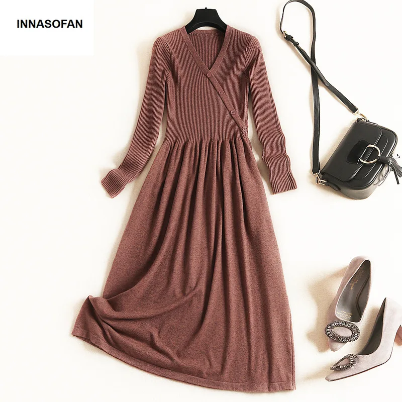 

INNASOFAN Knitted Dress Women Autumn Winter Long-sleeved Dress High Waist Euro-American High-end Chic V-collar Solid Color Dress