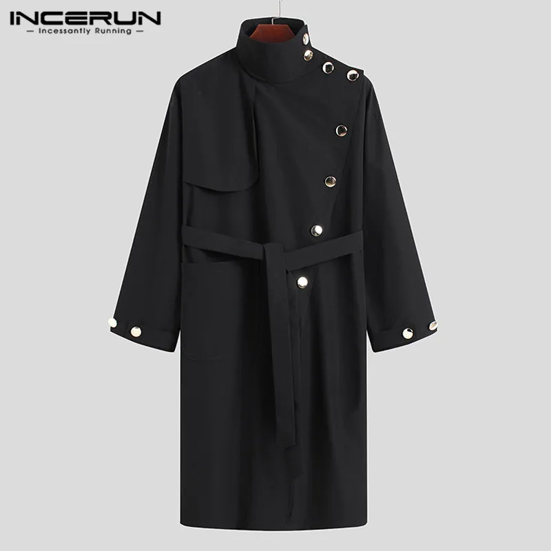 Buen trato INCERUN de los hombres de la moda Trench sólido abrigos de manga larga de cuello alto botón Irregular suelto larga rompevientos hombres Streetwear S-5XL 2021 QMrXeNAKqD7