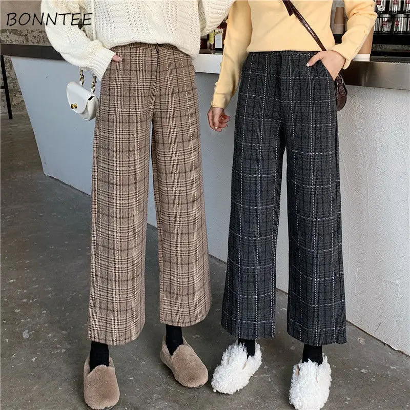 High Waist Pants Women Plaid Ankle length Ins Retro Trendy Student