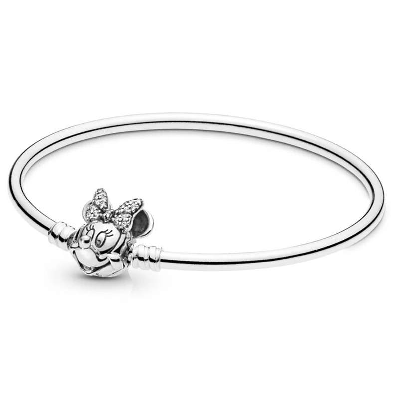 

Genuine 925 Sterling Silver Bracelet Minnie Shimmering Portrait Clasp Snake Chain Bangle Fit Bead Charm Diy Fashion Jewelry