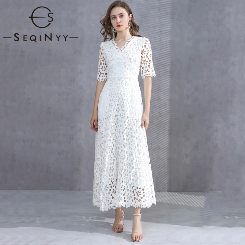 

SEQINYY White Elegant Dress 2021 Summer Spring New Fashion Design Women Runway Hollow out Flowers A-line Midi