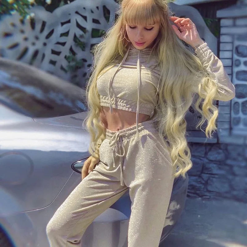 

BKLD New 2019 Autumn Reflective Clothing 2Pcs Women Ladies Tracksuit Crop Hoodies Long Sleeve Two Piece Set Womens Pant Suit Set
