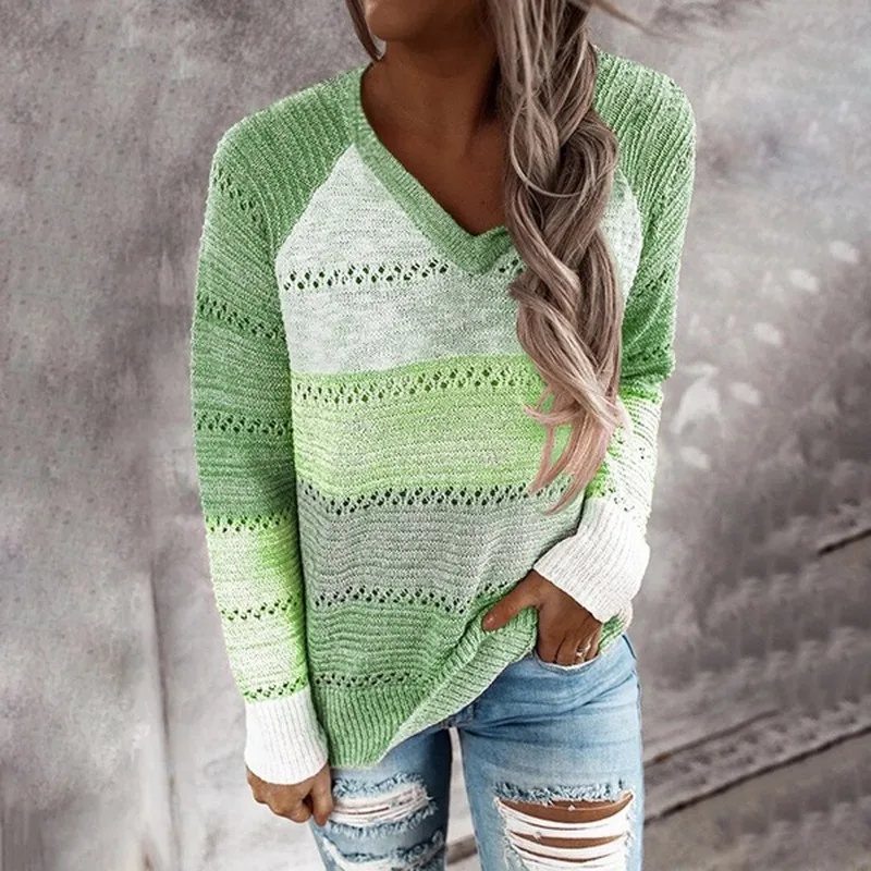 Sweater Women Casual Loose Hooded Pullovers Tops V Neck Knitted Long Sleeve Patchwork Elegant Striped Pullover Jumpers Autumn