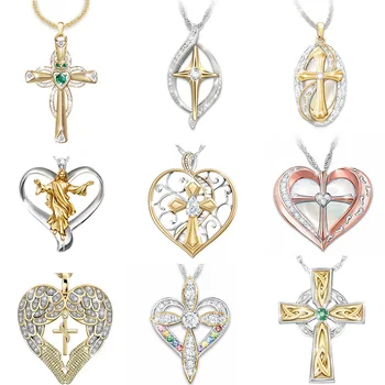 

Berbeny Religious Cross Necklaces Two-tone Stars Clear Zirconia Pendant Necklaces Woman Man Jesus Jewelry Gifts