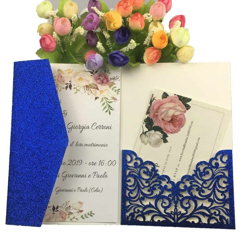 blue glitter 2 шт лоза Три раза свадебные пригласительные карты с конвертом, вставка, RSVP 3 раза конверт с лазерной резкой складные карты - Цвет: blue glitter