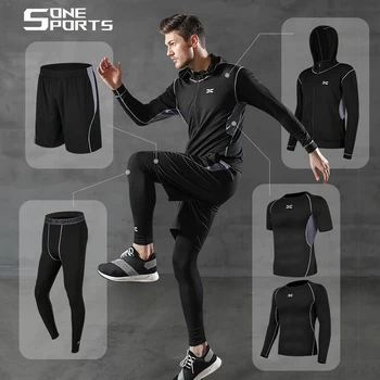

ONESPORTS Men Sport 5 Pcs Set Male Tracksuit Compression SportWear Gym Fitness Clothes Running Jogging Suits Exercise Workout