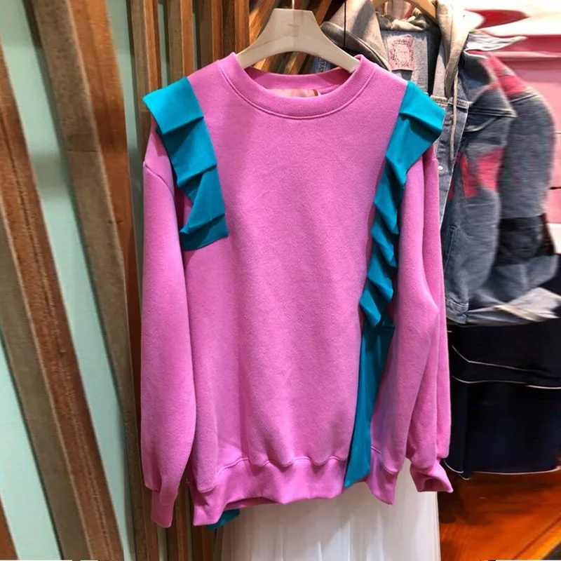 

2019 Autumn Clothing New Clothing Loose Leisure Impact Color Splicing Ear Edge Cover Lantern Sleeve Guard Suit Sweatshirt Women