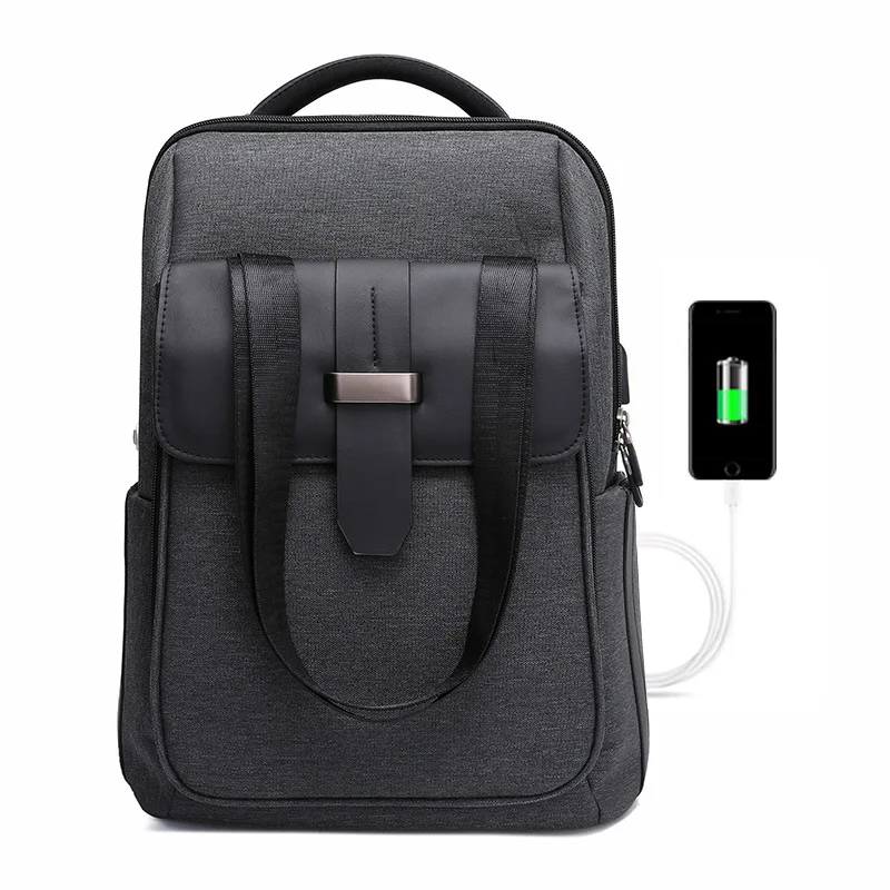 

P-F bag Solid Color Leisure Business Men USB Charging Backpack Laptop Computer Bagpack Youth Travel Bag Detachable Male Packbag