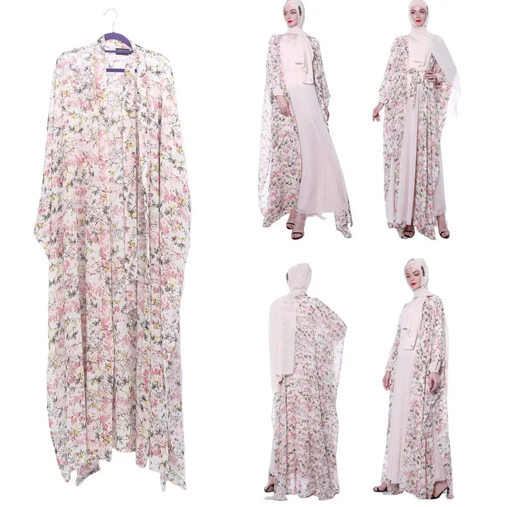 Floral Цветочное открытое кимоно Абая, головной платок женский мусульманский длинный кардиган платье исламский кафтан халат кимоно арабский шифон с длинным рукавом Повседневная - Цвет: Floral