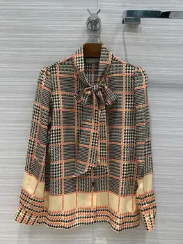 

2020 Spring women's high quality 100% silk plaid Shirts Fashion women bowtie long sleeves Vintage shirt Tops B577